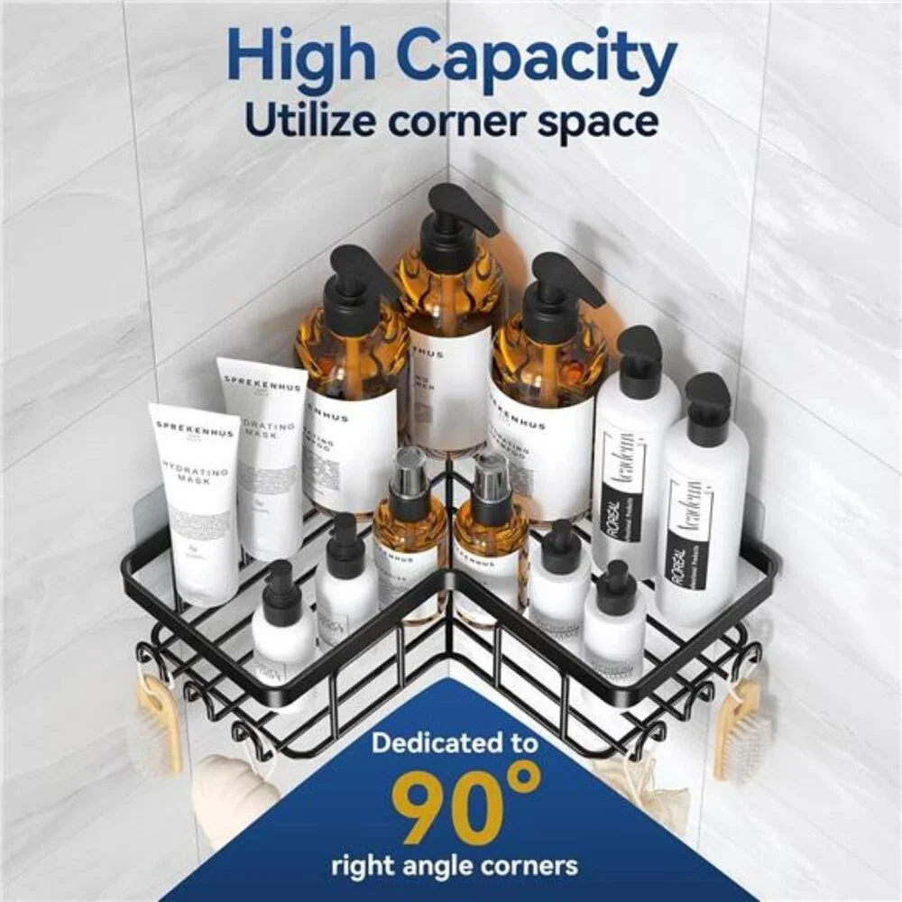 Corner Adhesive Shower Caddy, with Soap Holder and 12 Hooks, Rustproof